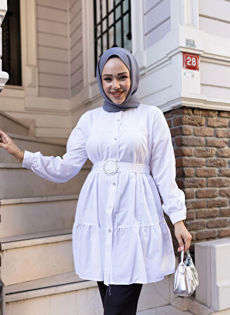 Kadın Düğmeli Kemer Detaylı Beyaz Gömlek