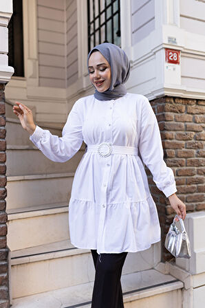 Kadın Düğmeli Kemer Detaylı Beyaz Gömlek