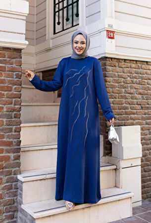 Kadın Taş İşlemeli Rahat Kalıp Mavi Elbise