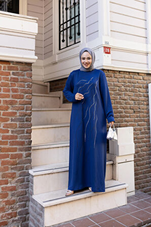 Kadın Taş İşlemeli Rahat Kalıp Mavi Elbise