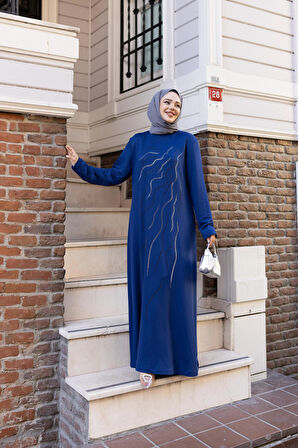 Kadın Taş İşlemeli Rahat Kalıp Mavi Elbise