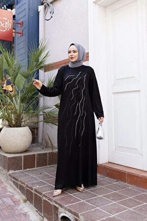 Kadın Taş İşlemeli Rahat Kalıp Siyah Elbise