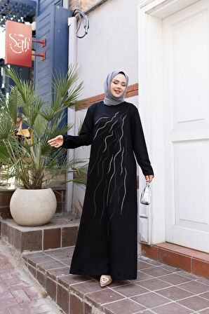 Kadın Taş İşlemeli Rahat Kalıp Siyah Elbise