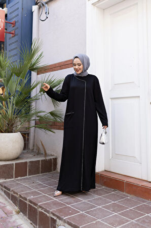 Kadın Taş Detaylı Cepli Rahat Kalıp Siyah Elbise