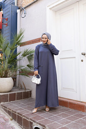 Kadın Taş Detaylı Cepli Rahat Kalıp Gri Elbise