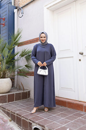 Kadın Taş Detaylı Cepli Rahat Kalıp Gri Elbise