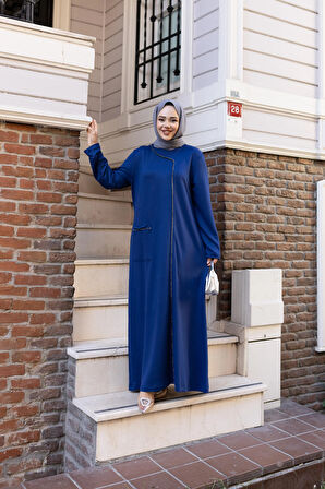 Kadın Taş Detaylı Cepli Rahat Kalıp Mavi Elbise