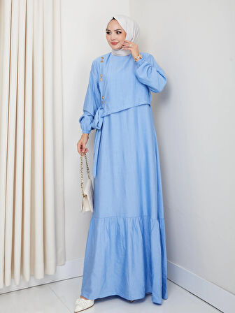 Kadın Bağlama Detaylı Mavi Çilek Kumaş Elbise