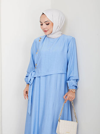 Kadın Bağlama Detaylı Mavi Çilek Kumaş Elbise