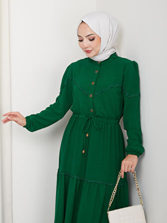 Kadın Dantel Detaylı Bel Bağcıklı Yeşil Ayrobin Elbise