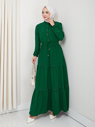 Kadın Dantel Detaylı Bel Bağcıklı Yeşil Ayrobin Elbise