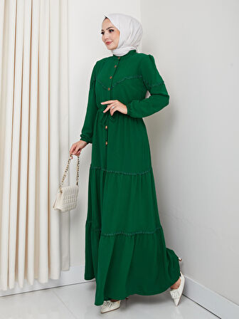 Kadın Dantel Detaylı Bel Bağcıklı Yeşil Ayrobin Elbise