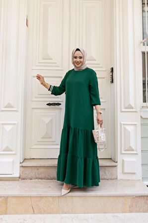 Kadın Kat Kat Ribanalı Yeşil Tesettür Elbise