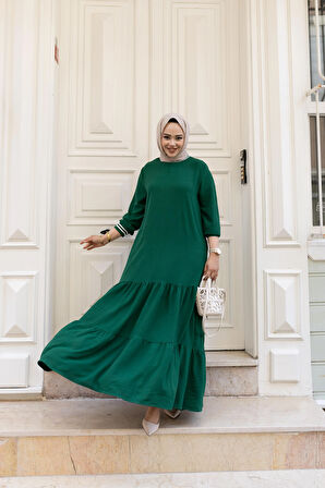 Kadın Kat Kat Ribanalı Yeşil Tesettür Elbise