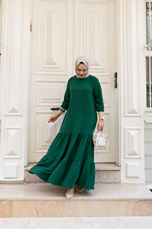 Kadın Kat Kat Ribanalı Yeşil Tesettür Elbise