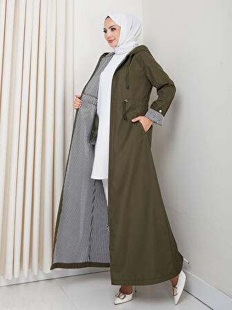 Kadın Kapüşonlu Çizgi Detaylı Haki Bondit Kap