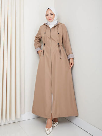 Kadın Kapüşonlu Çizgi Detaylı Vizon Bondit Kap