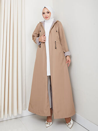 Kadın Kapüşonlu Çizgi Detaylı Vizon Bondit Kap