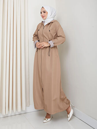 Kadın Kapüşonlu Çizgi Detaylı Vizon Bondit Kap