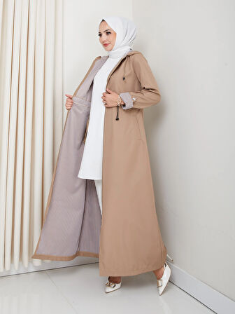 Kadın Kapüşonlu Çizgi Detaylı Vizon Bondit Kap