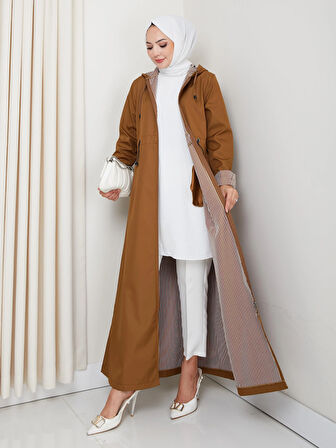 Kadın Kapüşonlu Çizgi Detaylı Taba Bondit Kap