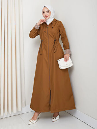 Kadın Kapüşonlu Çizgi Detaylı Taba Bondit Kap