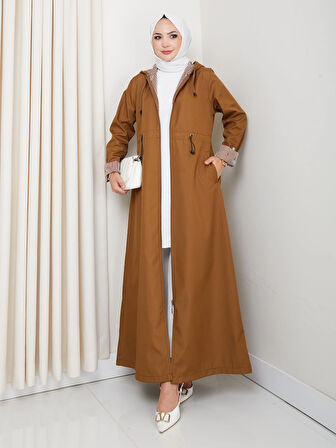 Kadın Kapüşonlu Çizgi Detaylı Taba Bondit Kap