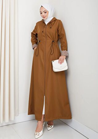 Kadın Kapüşonlu Çizgi Detaylı Taba Bondit Kap