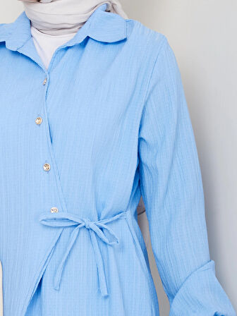 Kadın Kuşaklı Düğmeli Çilek Kumaş Mavi İkili Takım