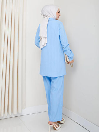 Kadın Kuşaklı Düğmeli Çilek Kumaş Mavi İkili Takım