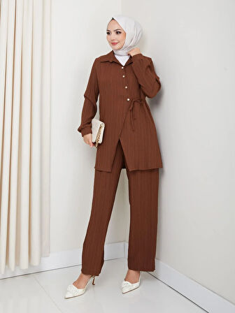 Kadın Kuşaklı Düğmeli Çilek Kumaş Kahverengi İkili Takım