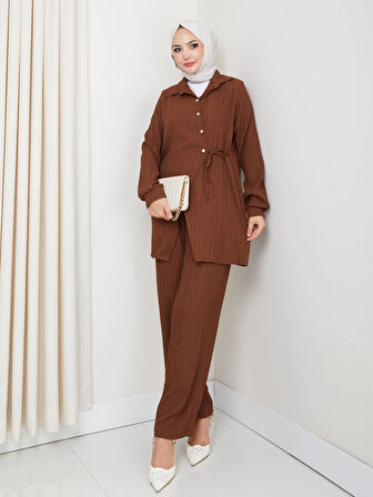 Kadın Kuşaklı Düğmeli Çilek Kumaş Kahverengi İkili Takım