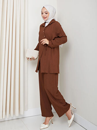 Kadın Kuşaklı Düğmeli Çilek Kumaş Kahverengi İkili Takım