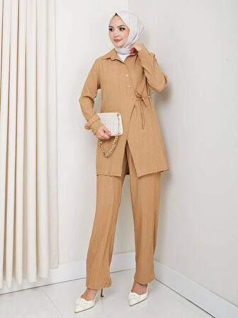 Kadın Kuşaklı Düğmeli Çilek Kumaş Vizon İkili Takım