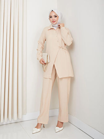 Kadın Kuşaklı Düğmeli Çilek Kumaş Bej İkili Takım