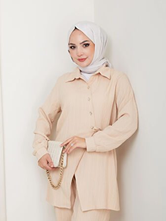 Kadın Kuşaklı Düğmeli Çilek Kumaş Bej İkili Takım