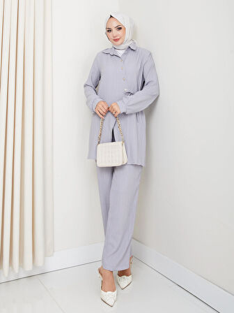 Kadın Kuşaklı Düğmeli Çilek Kumaş Gri İkili Takım