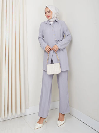 Kadın Kuşaklı Düğmeli Çilek Kumaş Gri İkili Takım
