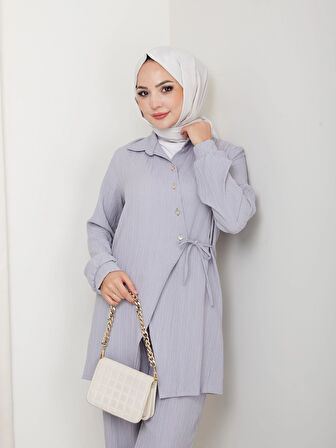 Kadın Kuşaklı Düğmeli Çilek Kumaş Gri İkili Takım