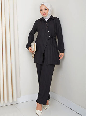 Kadın Kuşaklı Düğmeli Çilek Kumaş Siyah İkili Takım