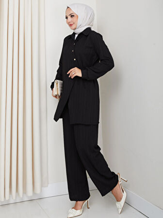 Kadın Kuşaklı Düğmeli Çilek Kumaş Siyah İkili Takım