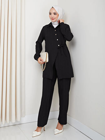 Kadın Kuşaklı Düğmeli Çilek Kumaş Siyah İkili Takım