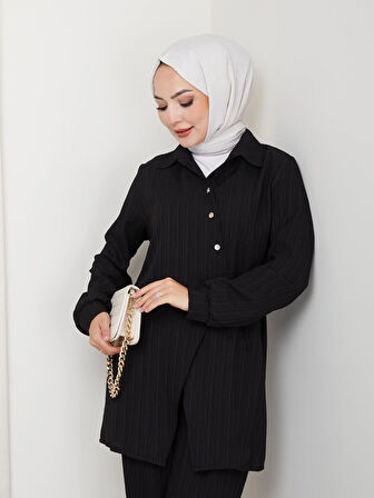 Kadın Kuşaklı Düğmeli Çilek Kumaş Siyah İkili Takım