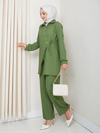 Kadın Kuşaklı Düğmeli Çilek Kumaş Yeşil İkili Takım