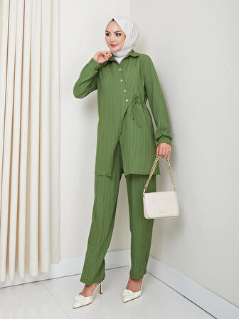 Kadın Kuşaklı Düğmeli Çilek Kumaş Yeşil İkili Takım