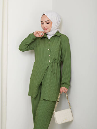 Kadın Kuşaklı Düğmeli Çilek Kumaş Yeşil İkili Takım