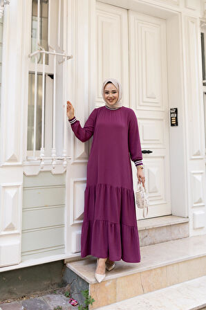 Kadın Kat Kat Ribanalı Fuşya Tesettür Elbise