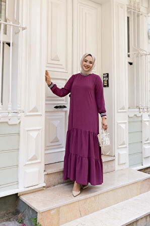 Kadın Kat Kat Ribanalı Fuşya Tesettür Elbise