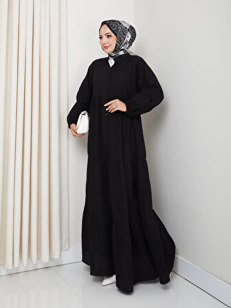 Kadın Düğmeli Kat Detaylı Siyah Keten Elbise