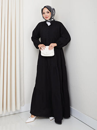 Kadın Düğmeli Kat Detaylı Siyah Keten Elbise